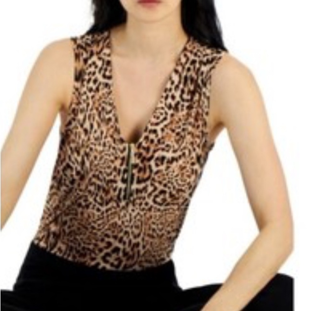 INC Brown and Tan Leopard Print V-Neck Tank Top